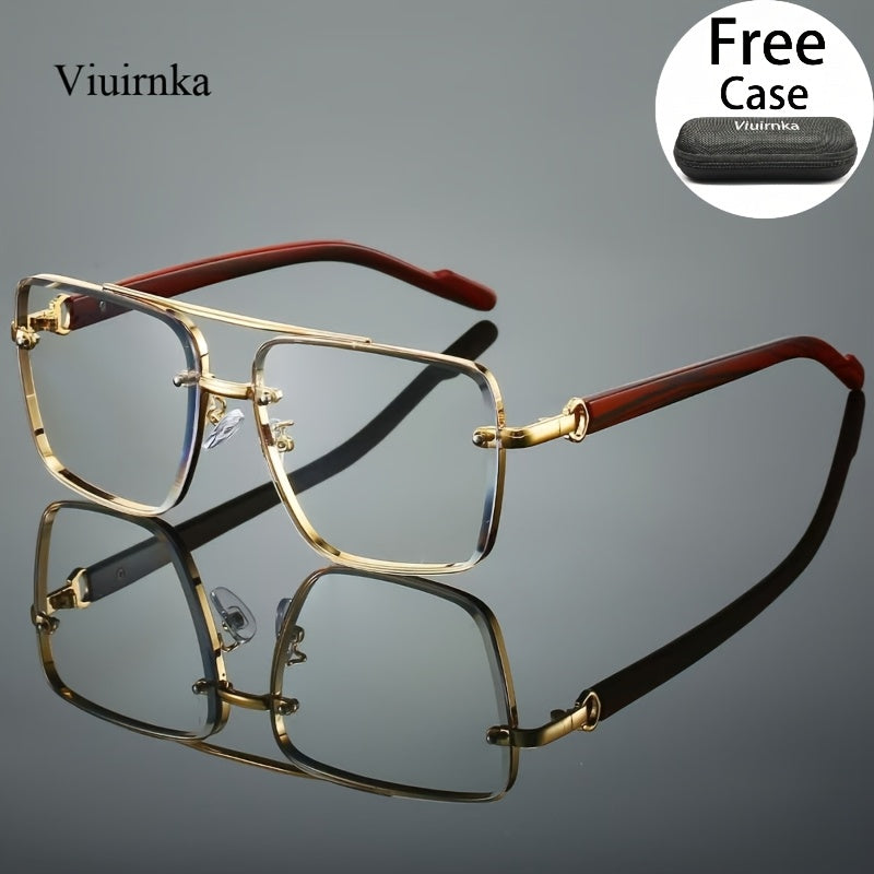 UV400 Square Sunglasses with Case for Men Women – Double Bridge Retro Wood Grain Frame, Polarized-Style Unisex Shades for Driving, Travel, Beach & Street Style, 7 Colors
