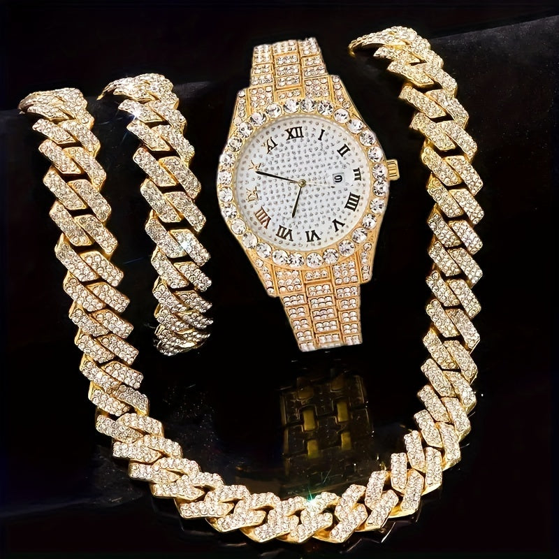 Men's Hip Hop Rhinestone Bling Watch Set with Waterfall Chain Bracelet & Necklace – Sparkling Quartz Watch Jewelry Set for Men 3pc & 5pc Perfect Holiday Gift