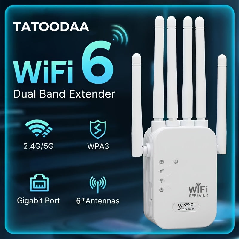 WiFi 6 Range Extender 1200Mbps AX1200 – Dual Band 2.4GHz/5GHz 6 High-Gain Antennas One-Click Setup Full Home Coverage Mesh Network Booster for Smart TV Gaming Console Smartphone Tablet