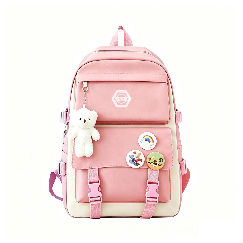 Cute 5-Piece Girls School Backpack Set – Lightweight Daypack with Matching Tote Bag Pencil Case & Coin Purse, Durable Adjustable Student Bag for School Hiking Travel, Purple Black Pink Blue