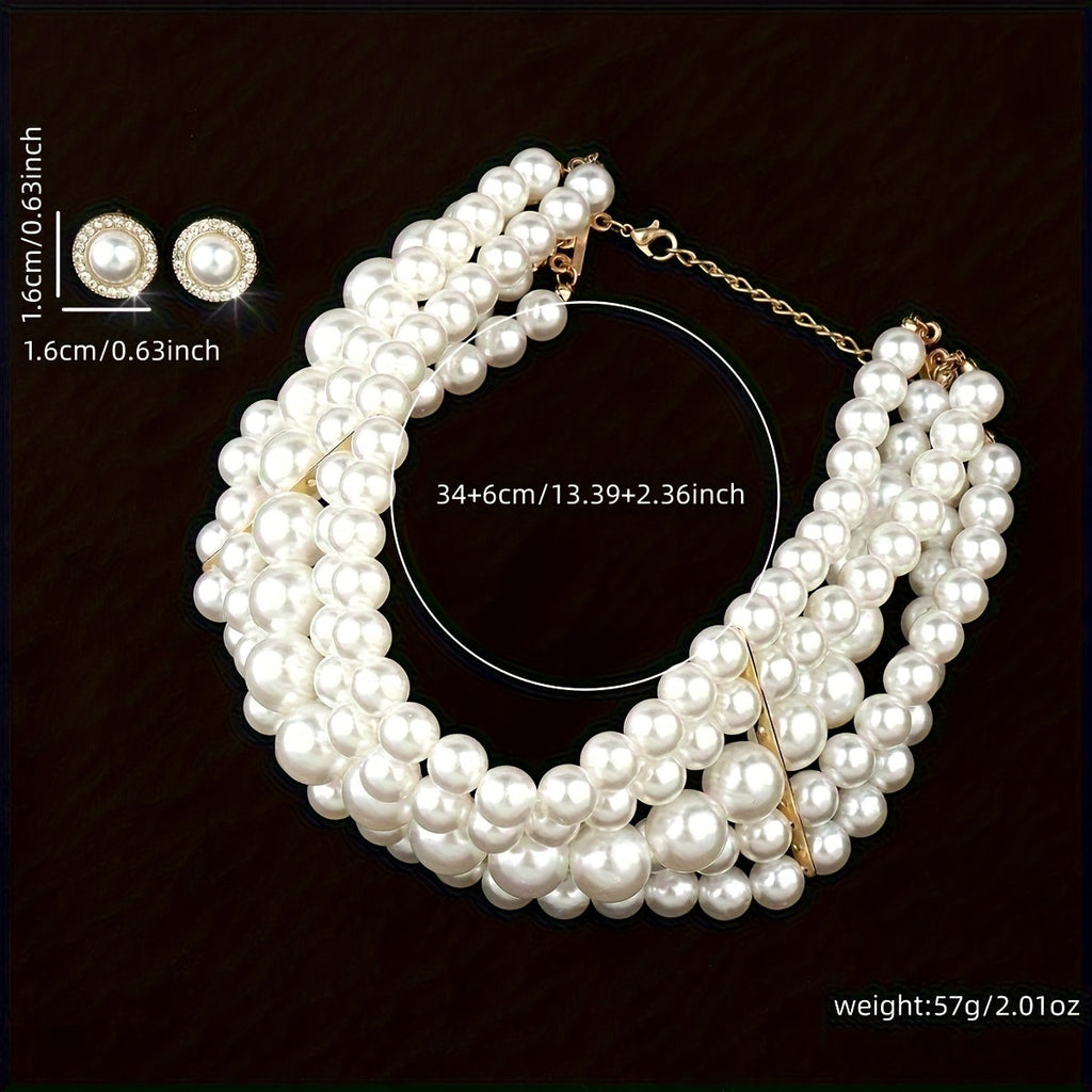 French Style Pearl Multi-Layer Necklace and Round Geometric Earrings Jewelry Set Gold Tone Elegant Women Banquet Wedding Gift