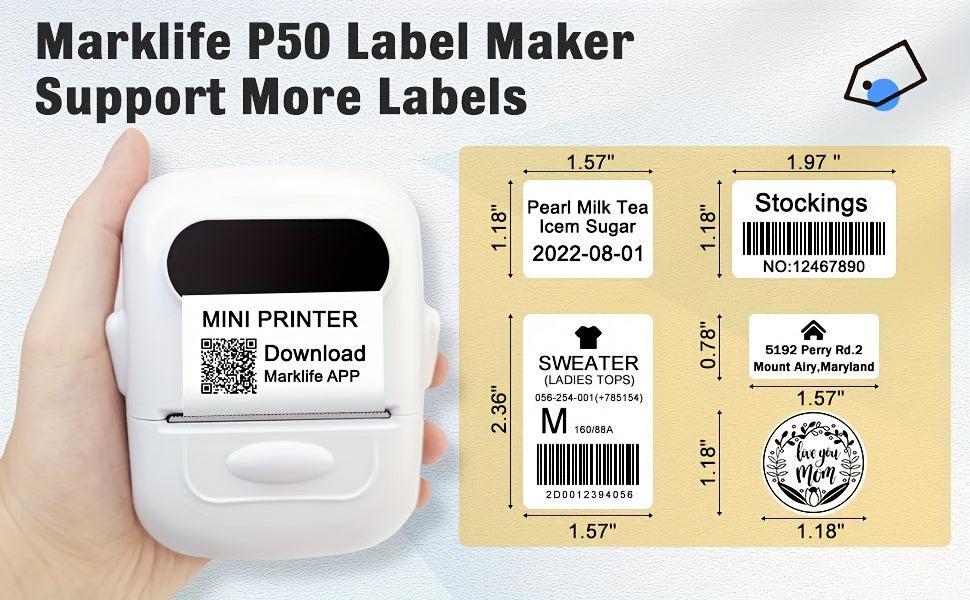Marklife P50 Portable Bluetooth Thermal Label Printer Wireless Label Maker for Home Office Clothing Jewelry Food Retail Android iOS Compatible Includes 40x30mm Label Roll Blue Pink Yellow