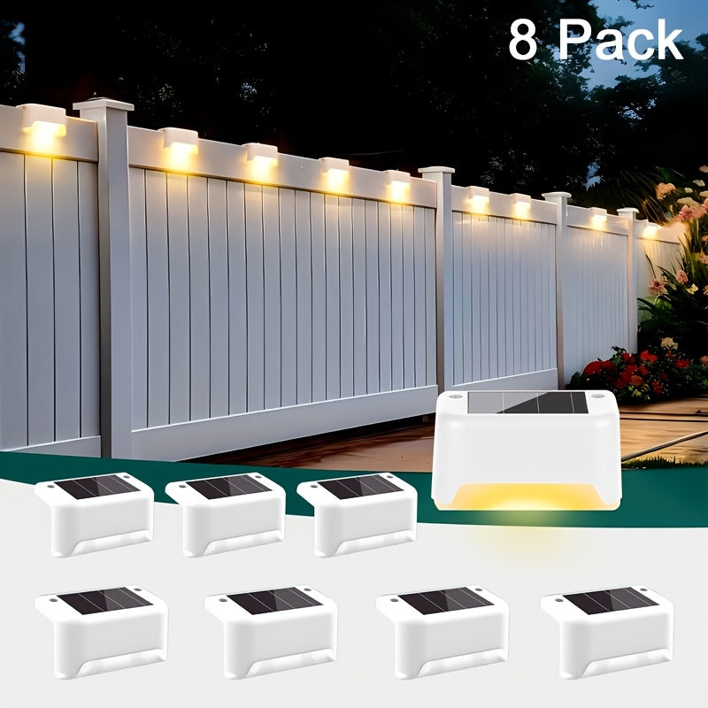 Solar LED Deck Lights Outdoor Stair Step Lights Auto On Off Dusk to Dawn 12 Hour Warm White 3500K for Fence Pathway Patio Balcony Yard Weatherproof ABS Pack of 8 16 or 32 No Wiring Required
