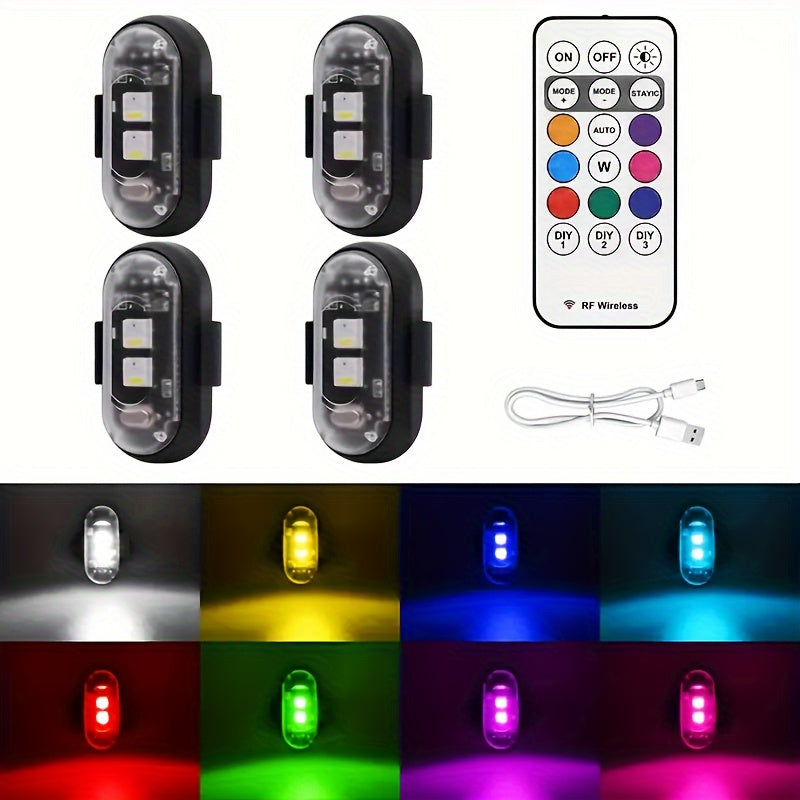 Wireless LED Strip Lights 8 Color Anti-Collision Warning Light Remote Control USB Rechargeable Waterproof for Car Motorcycle Drone Bicycle Night Visibility Safety 4-Pack 6-Pack