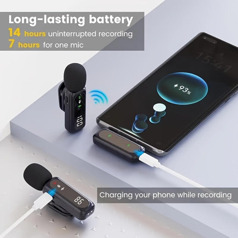 Wireless Lavalier Microphone USB-C 2.4G with DSP Noise Reduction, Digital Battery Display, 360° Omnidirectional Clip-On Lapel Mic, 100ft Range, Feather Windshield, Rotatable Magnetic Clip for iPhone, Android, Camera & Content Creators
