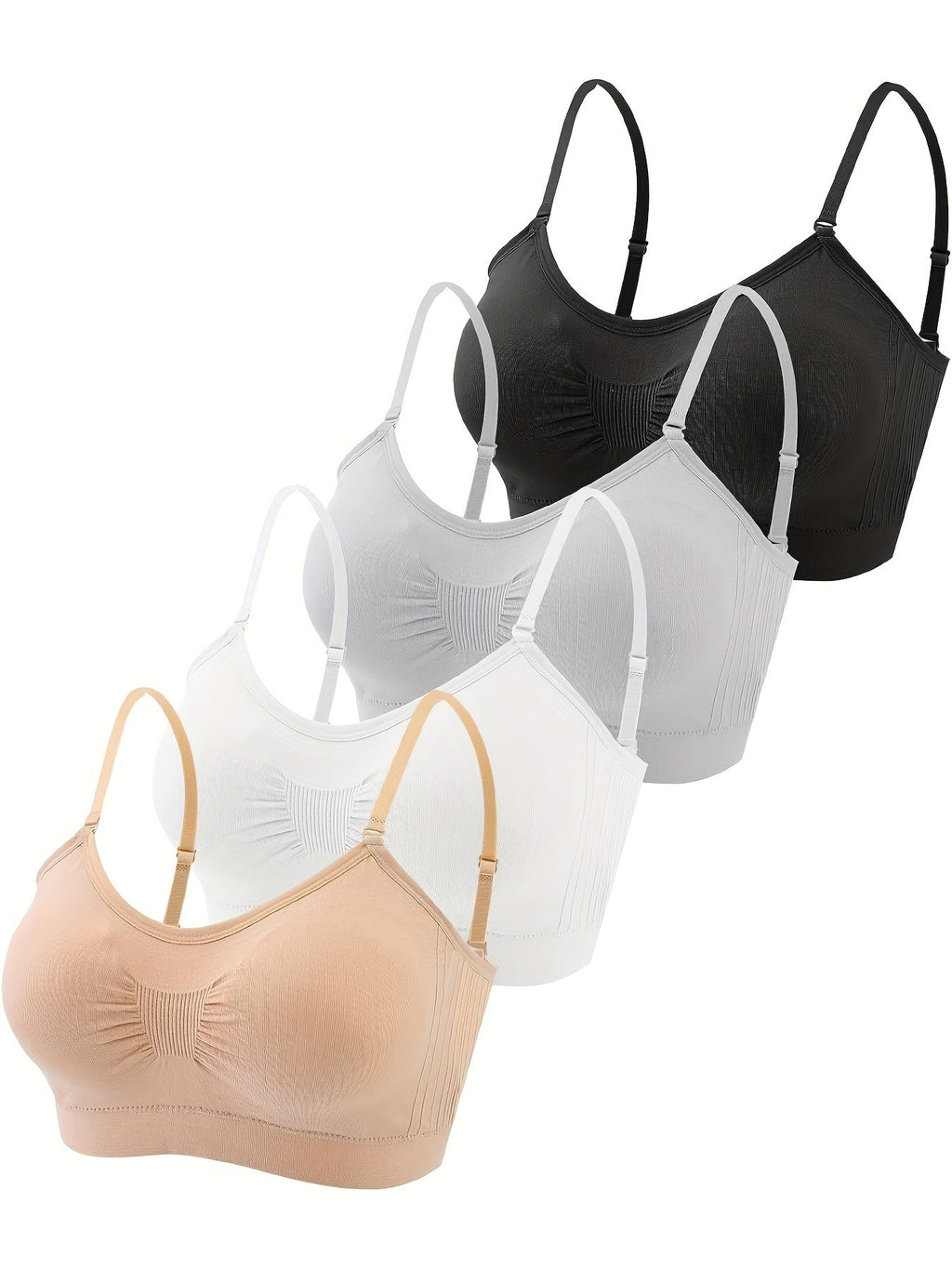 V-Neck Padded Bralette Cami Bra 4 Pack – Wireless Tank Top Sports Bra with Adjustable Straps for Women, Soft Padded Everyday Bralette Set, Sizes S-XL, Colors Rust, Beige, Green, Blue