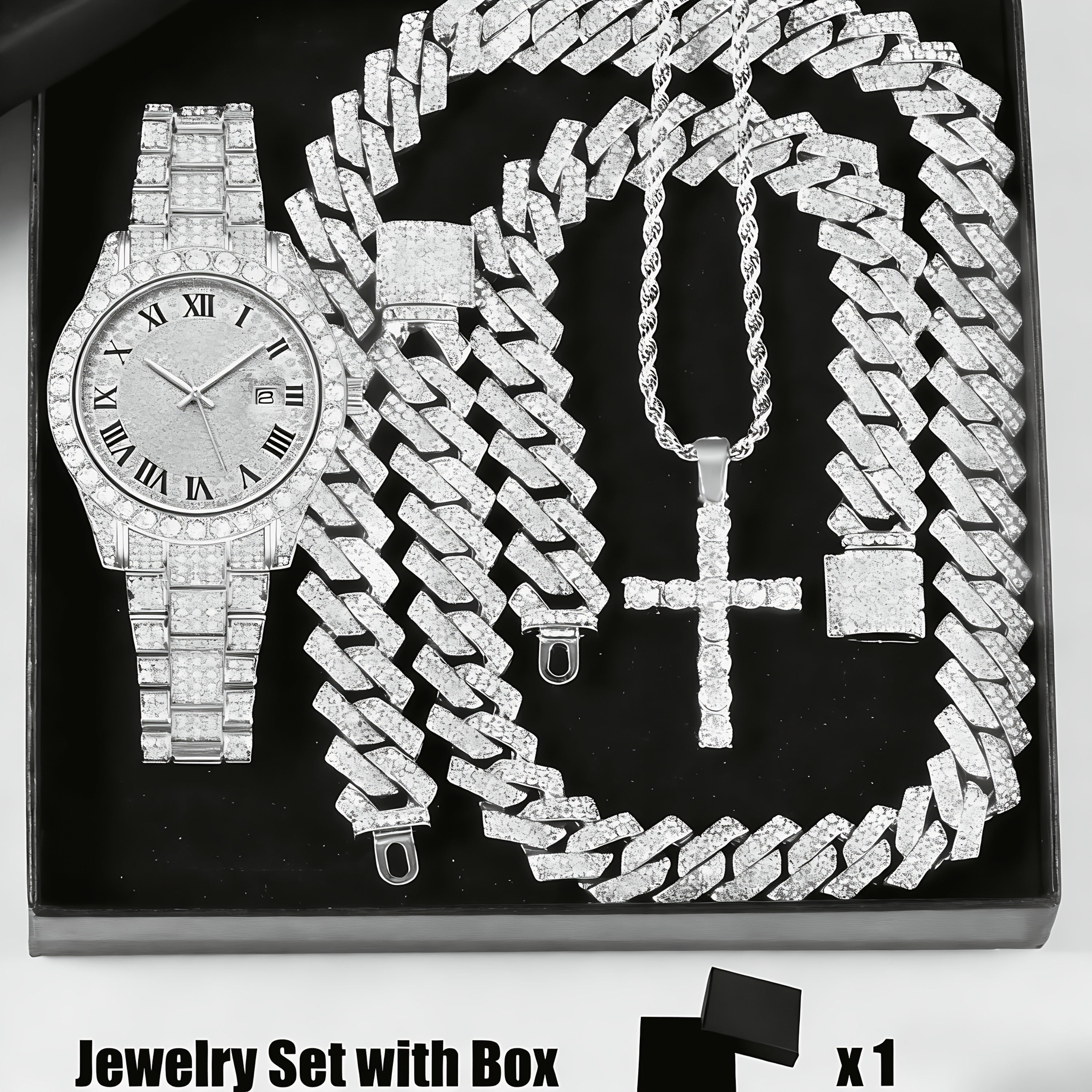 4pcs Rhinestone Watch & Cross Pendant Jewelry Set Quartz Analog Wrist Watch Necklace Bracelet Earrings Unisex Gift for Him Her Wedding