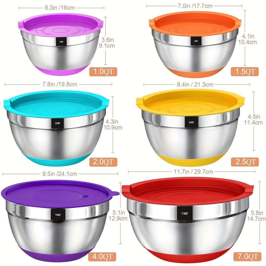 26-Piece Stainless Steel Mixing Bowls Set with Airtight Lids 3 Grater Attachments Non-Slip Bottoms 6 Sizes 7 4 2.5 2.0 1.5 1QT for Mixing Serving Baking Kitchen