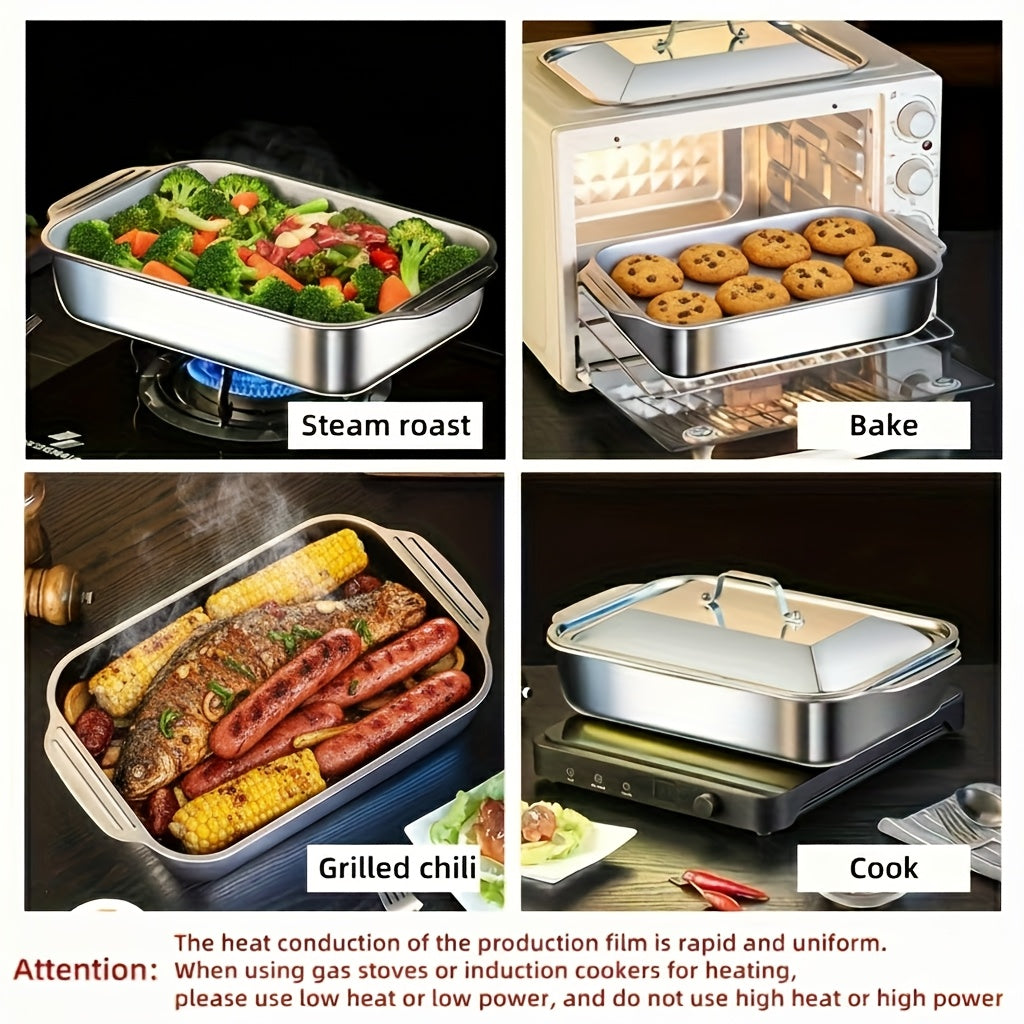 Stainless Steel Baking Pan Set 4-Piece Deep Roasting Pans with Lids Handles 6-Liter 16-Inch Rectangular Baking Dish for Turkey Lasagna Fish Chicken Dishwasher Safe Oven Safe