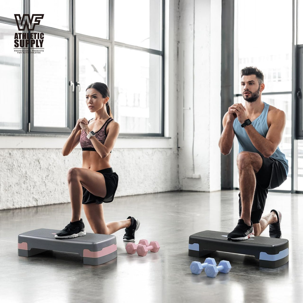 Adjustable Height Aerobic Stepper Set with 2 Dumbbells & Measuring Tape – Non-Slip Exercise Step Platform with Level Risers, 550 LB Capacity, Home Gym Workout Equipment for Cardio & Weight Loss