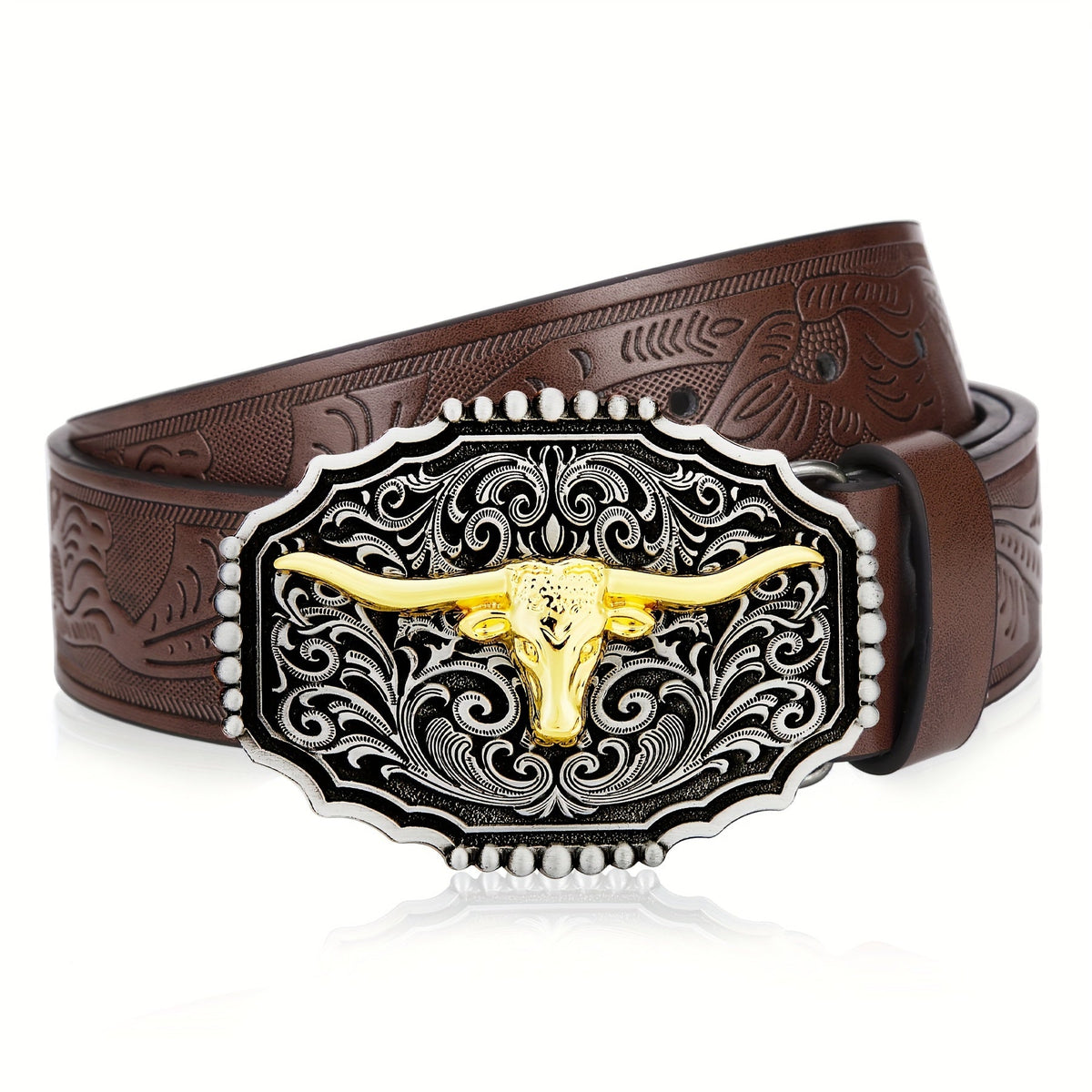 Western Cowboy Belt Men Women Embossed Floral Faux Leather Longhorn Bull Big Buckle – 23 Styles Sizes 34-44 Waist 32"-42" Country Rodeo Halloween Christmas Father's Day Gift
