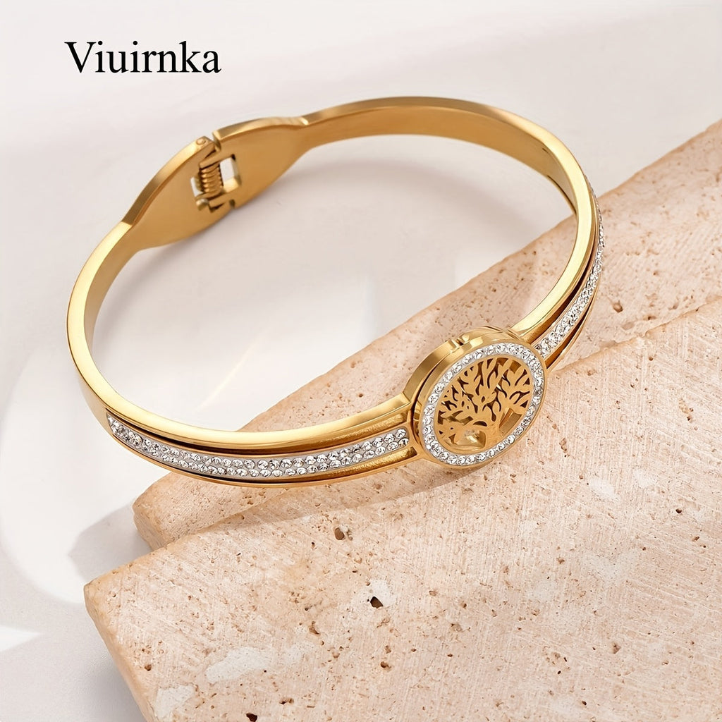 Tree of Life Bangle Bracelet for Women Stainless Steel Hypoallergenic – Symbolic Charm Cuff Gift Box Included Steel & Gold Tone Birthday Anniversary Mother's Day Valentine Gift