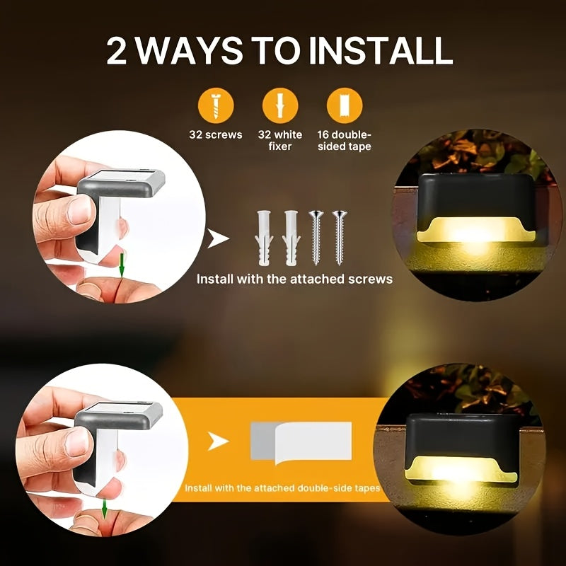 Solar LED Deck Lights Outdoor Stair Step Lights Auto On Off Dusk to Dawn 12 Hour Warm White 3500K for Fence Pathway Patio Balcony Yard Weatherproof ABS Pack of 8 16 or 32 No Wiring Required