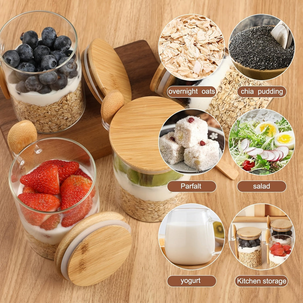 Overnight Oats Glass Jars with Lids and Spoons 4-Pack 16oz, Meal Prep Glass Containers for Oatmeal Yogurt Smoothies, Large Capacity Breakfast Jar Set, Reusable Condiment Glass Jar – Perfect Gift