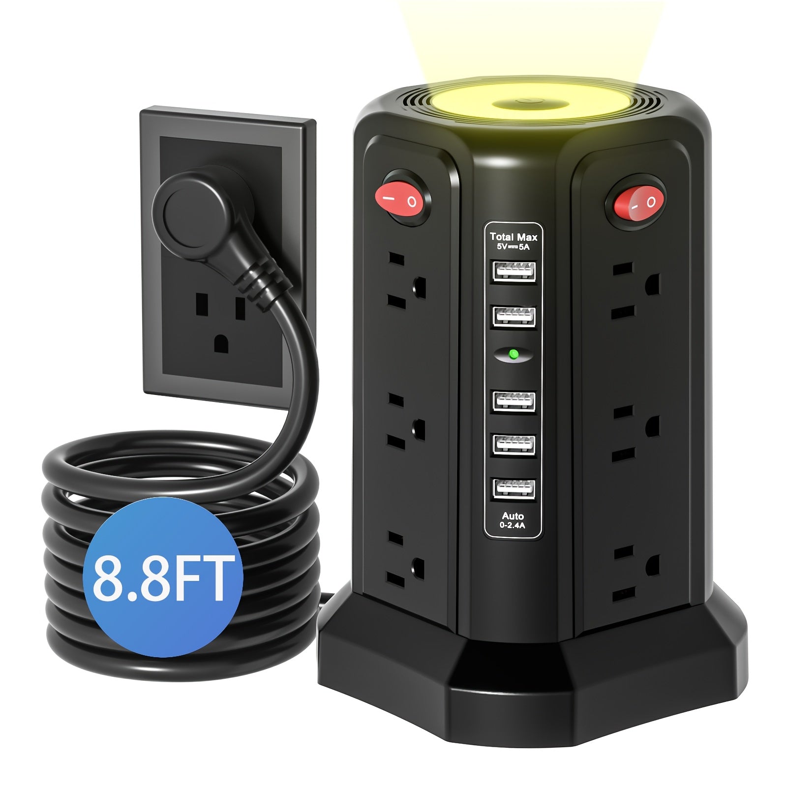 Tower Surge Protector Power Strip 12 Outlets 5 USB Ports PD 18W USB-C Fast Charging 10FT Extension Cord 1800J Surge Protection 4 Independent Switches Home Office Desk Dorm Room Vertical Design
