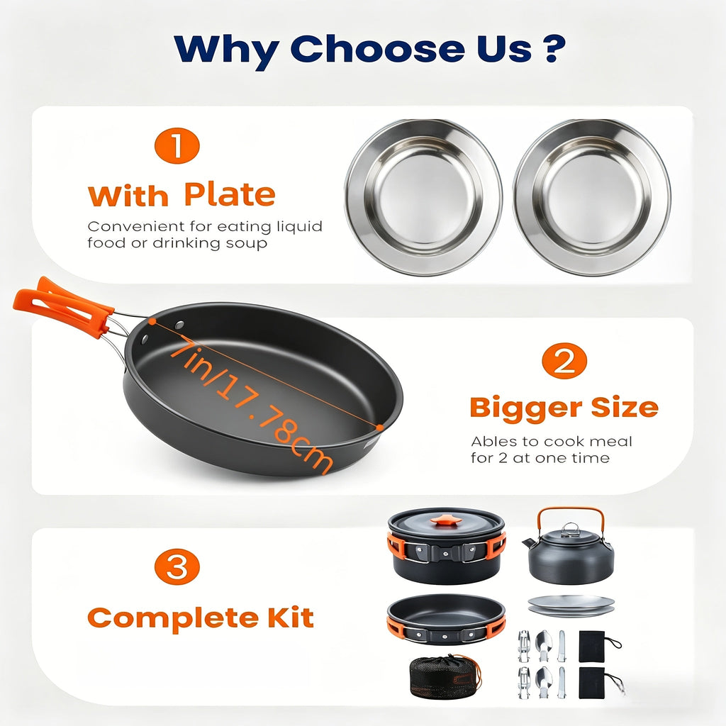 Camping Cookware Mess Kit 8/9/14/15 Piece, Portable Non-Stick Aluminum Alloy Camp Cook Set with Kettle Pot Frying Pan Plates Utensils, Lightweight Backpacking Outdoor Cooking Gear for Hiking & Travel