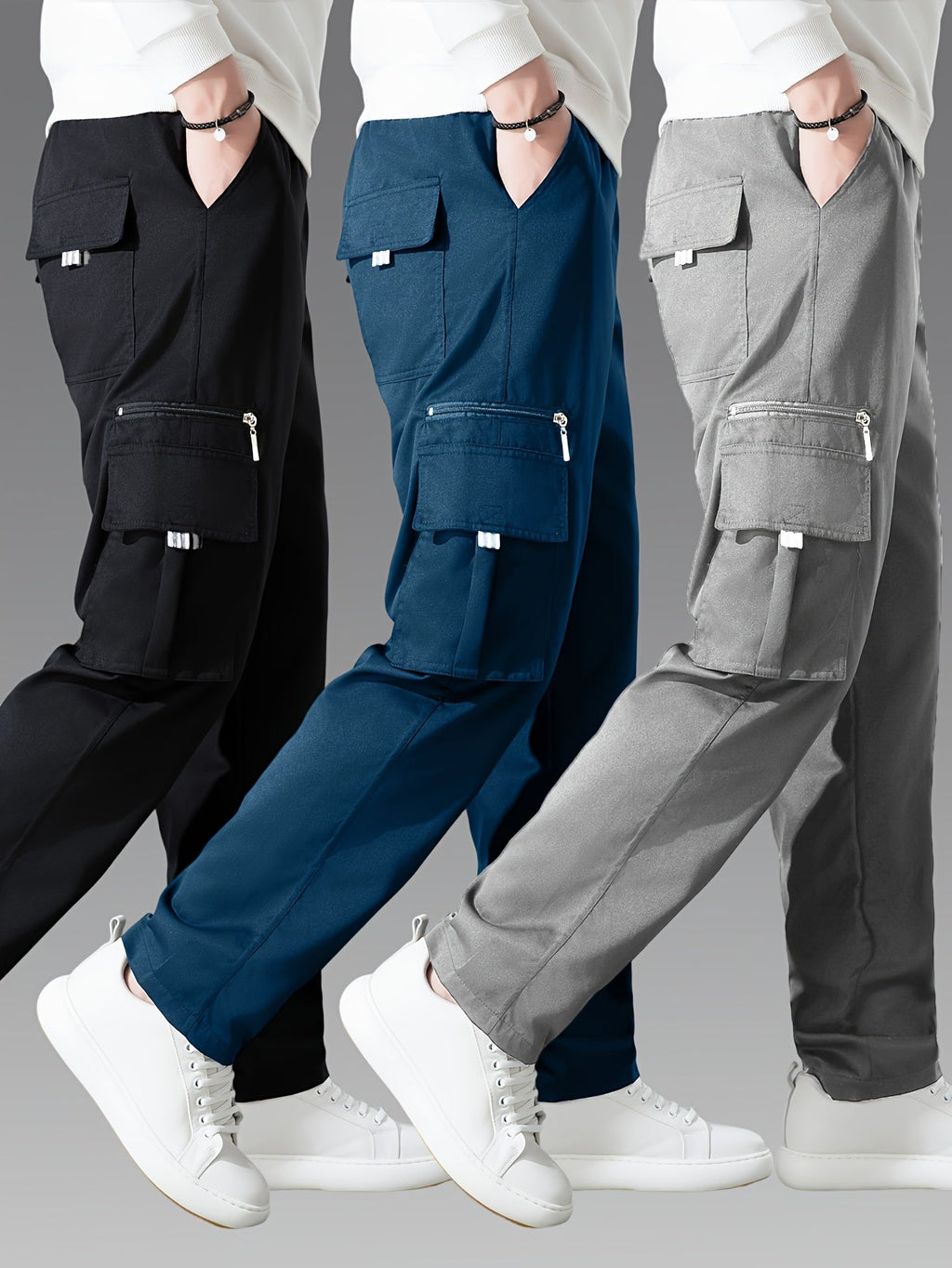 Men's Cargo Pants 3-Pack Multi-Pocket Tactical Outdoor Travel Casual Daily Pants Sizes S-XXXL 10 Colors Black Khaki Army Green Navy Blue Dark Gray