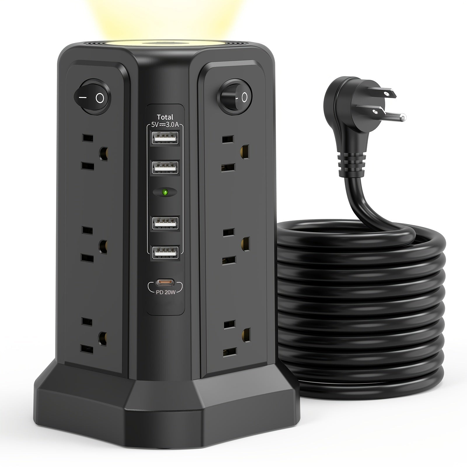 Tower Surge Protector Power Strip 12 Outlets 5 USB Ports PD 18W USB-C Fast Charging 10FT Extension Cord 1800J Surge Protection 4 Independent Switches Home Office Desk Dorm Room Vertical Design