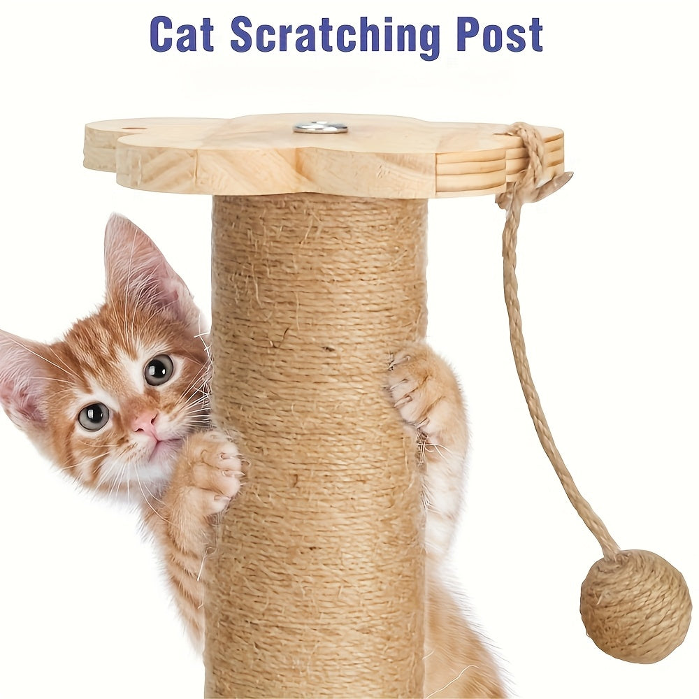 Wooden Cat Scratching Post 5-in-1 Solid Pine Base Tall Sisal Post 2-Level Track Ball Feather Toy Hanging Balls No-Debris Indoor Cat Activity Center Kittens Adults