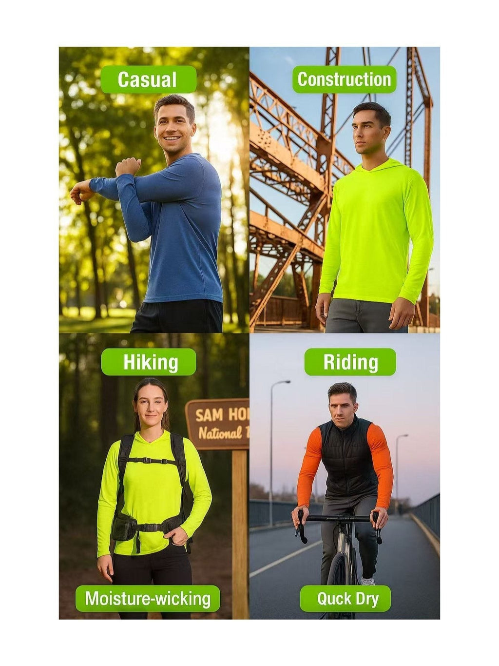 Men's UPF 50+ Sun Protection Hoodie Shirt 3-Pack Long Sleeve Moisture-Wicking Quick-Dry Breathable Outdoor Performance T-Shirt for Hiking Fishing Running – Sizes S to XXXL, Fluorescent Yellow