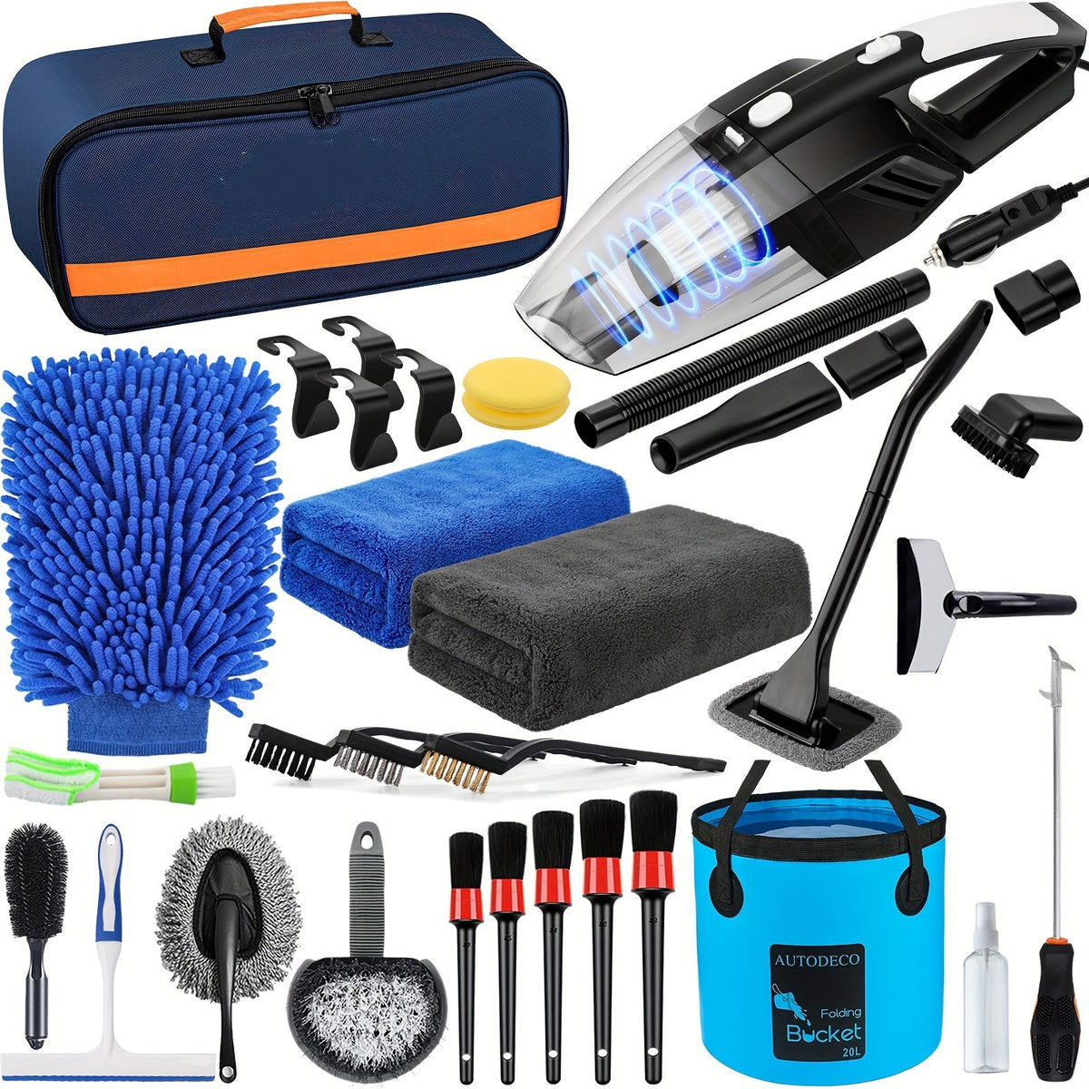 41-Piece Car Wash Detailing Kit with 120W Handheld Vacuum Cleaner Foldable Bucket Windshield Tool Tire Brush Snow Shovel Interior Exterior Complete Car Care Set Pink Black Blue