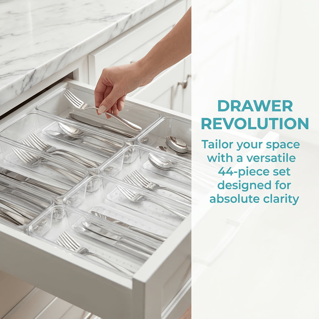 Clear Plastic Drawer Organizer Set 44 or 60 Pcs 4 Sizes Non-Slip Vanity Tray Organizers for Makeup Jewelry Bathroom Bedroom Kitchen Office Desk Cosmetic Storage
