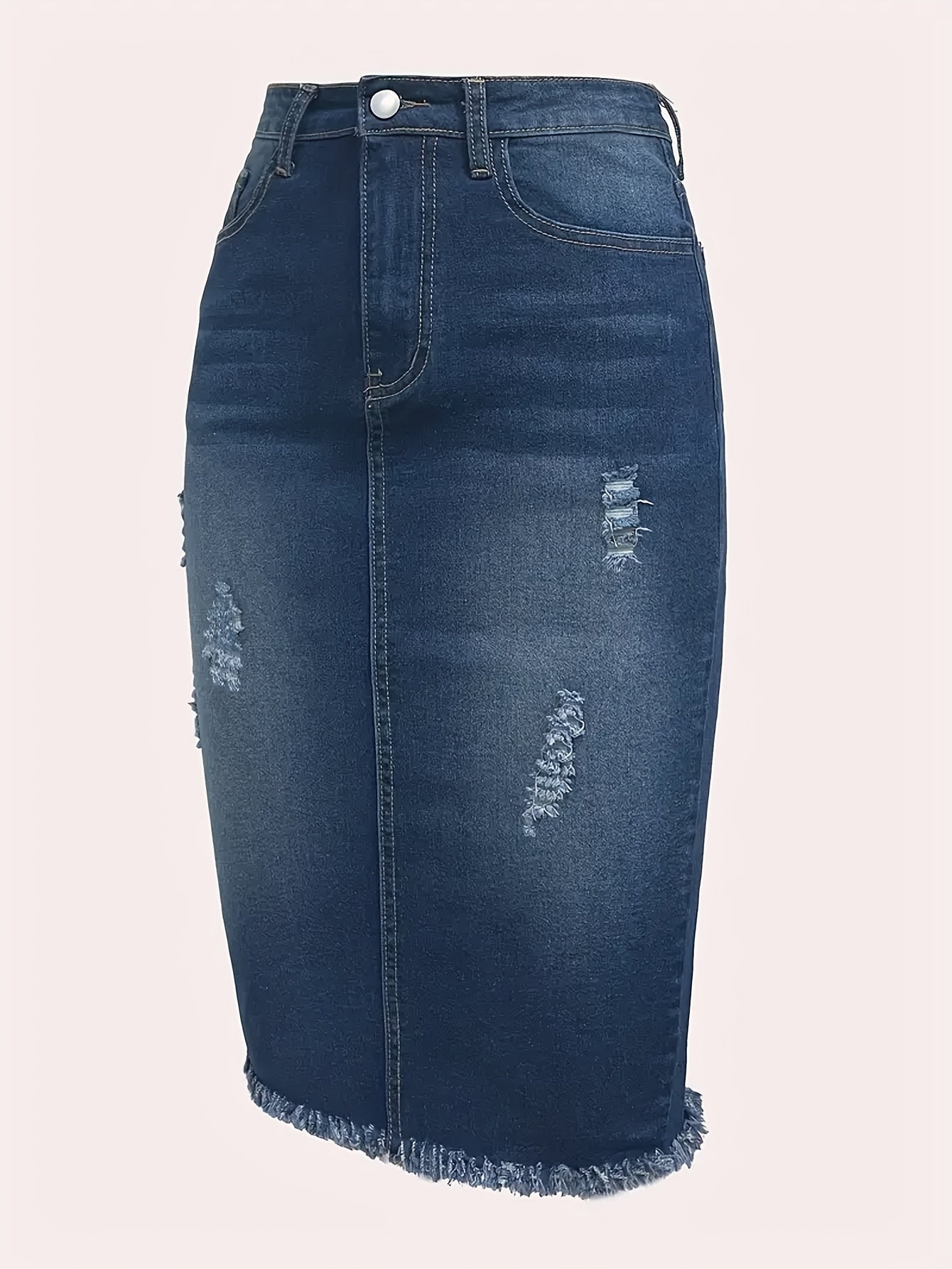 Vintage High-Waisted Denim Midi Skirt Women Stretch Raw Hem Distressed Look Machine Washable Non-Transparent Sea Blue XS-XXL Spring Summer Fall