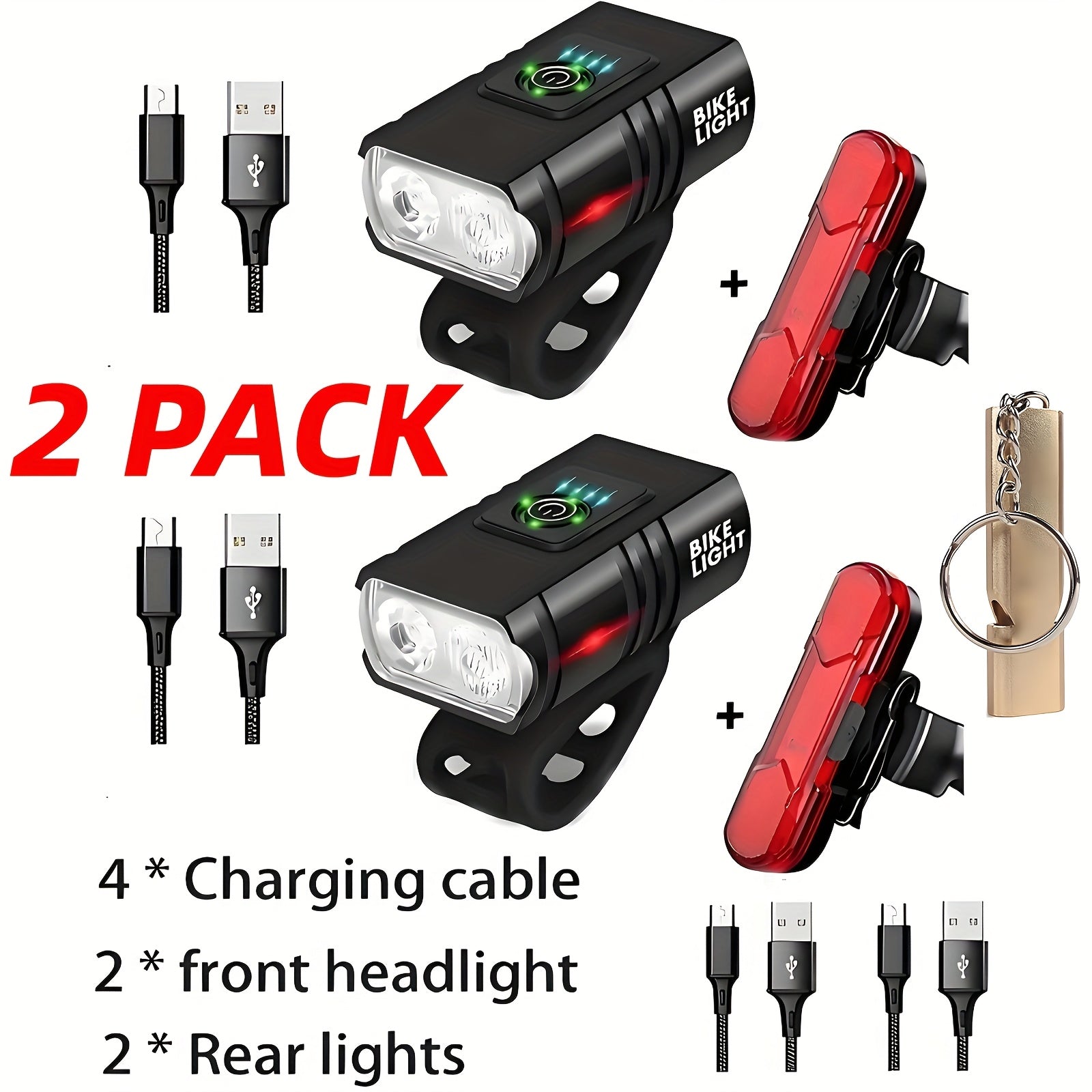 USB Rechargeable LED Bike Light Set with Whistle – 1500 Lumen Front Headlight & Rear Taillight, 6+4 Modes, LED Power Display, Portable Safe Night Cycling Light for Road Mountain Commuter Bike