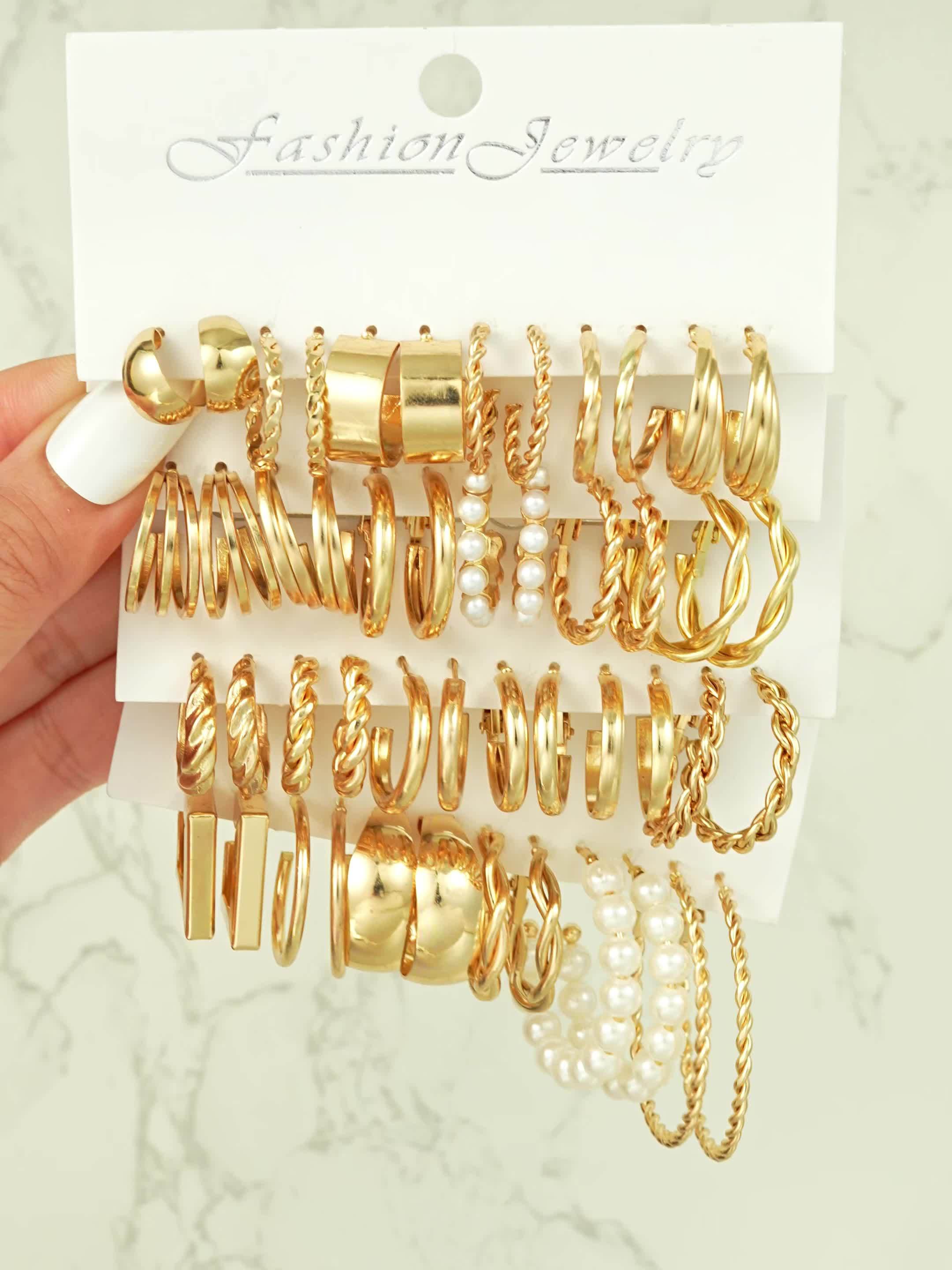 48pcs Geometric Hoop Earrings Set Women – Boho Metal Wide Hoop Faux Earrings Bulk Pack Simple Stylish Jewelry Vacation Dating Daily Wear Gift