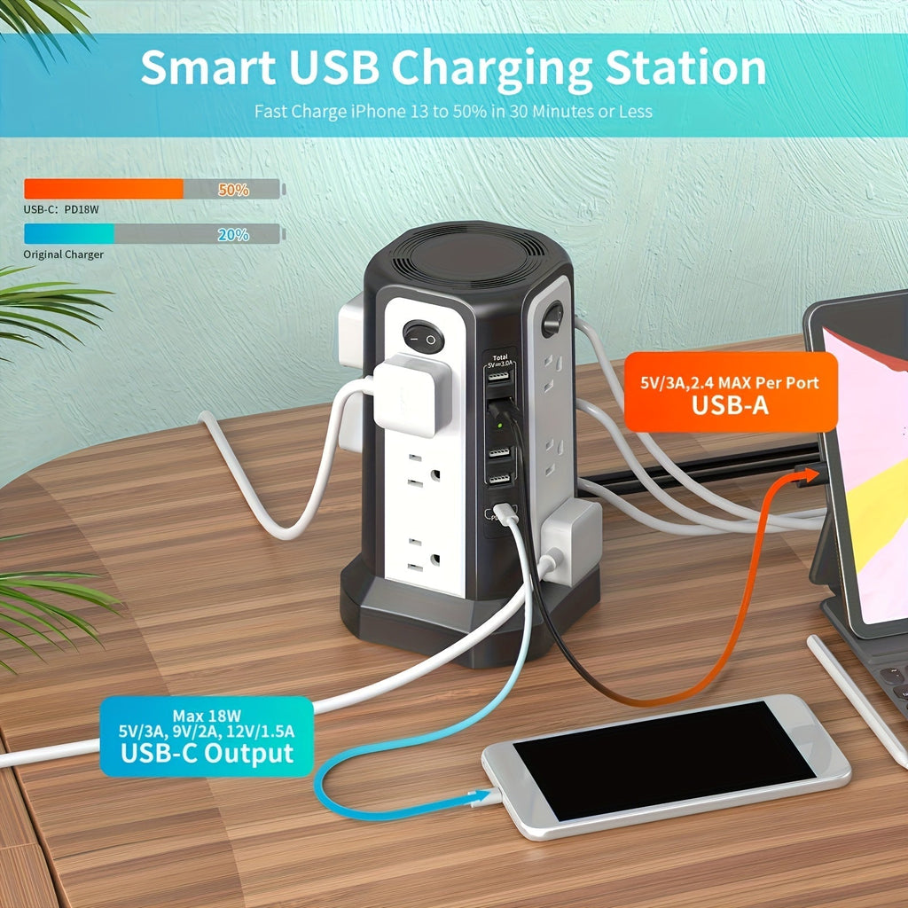 Tower Surge Protector Power Strip 12 Outlets 5 USB Ports PD 18W USB-C Fast Charging 10FT Extension Cord 1800J Surge Protection 4 Independent Switches Home Office Desk Dorm Room Vertical Design