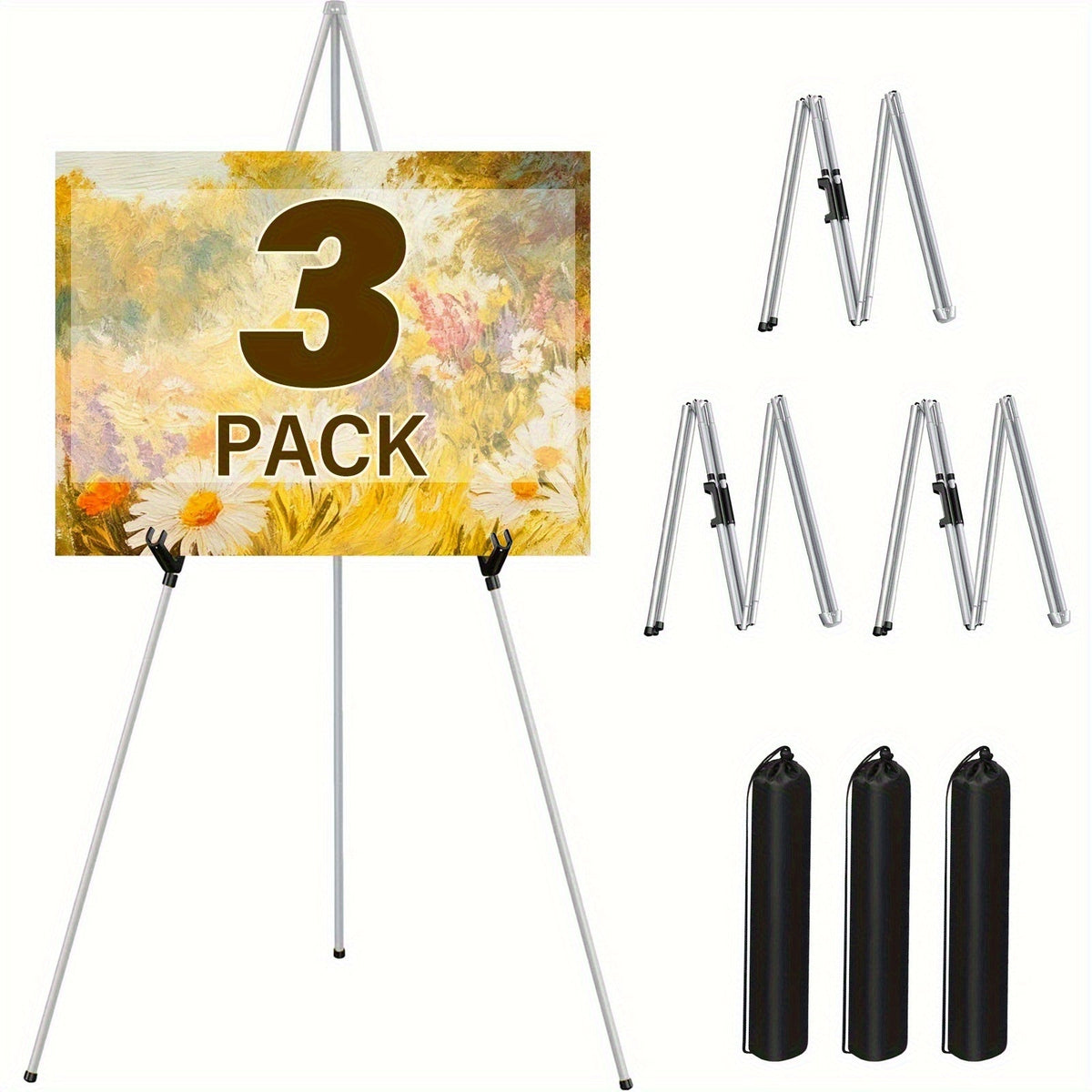 63 Inch Portable Tripod Easel Stand Foldable with Carrying Bag – Adjustable Metal Floor Easel for Wedding Signs Art Posters Painting Trade Shows Events – Black White Gold Silver Pink Single 2-Pack 3-Pack