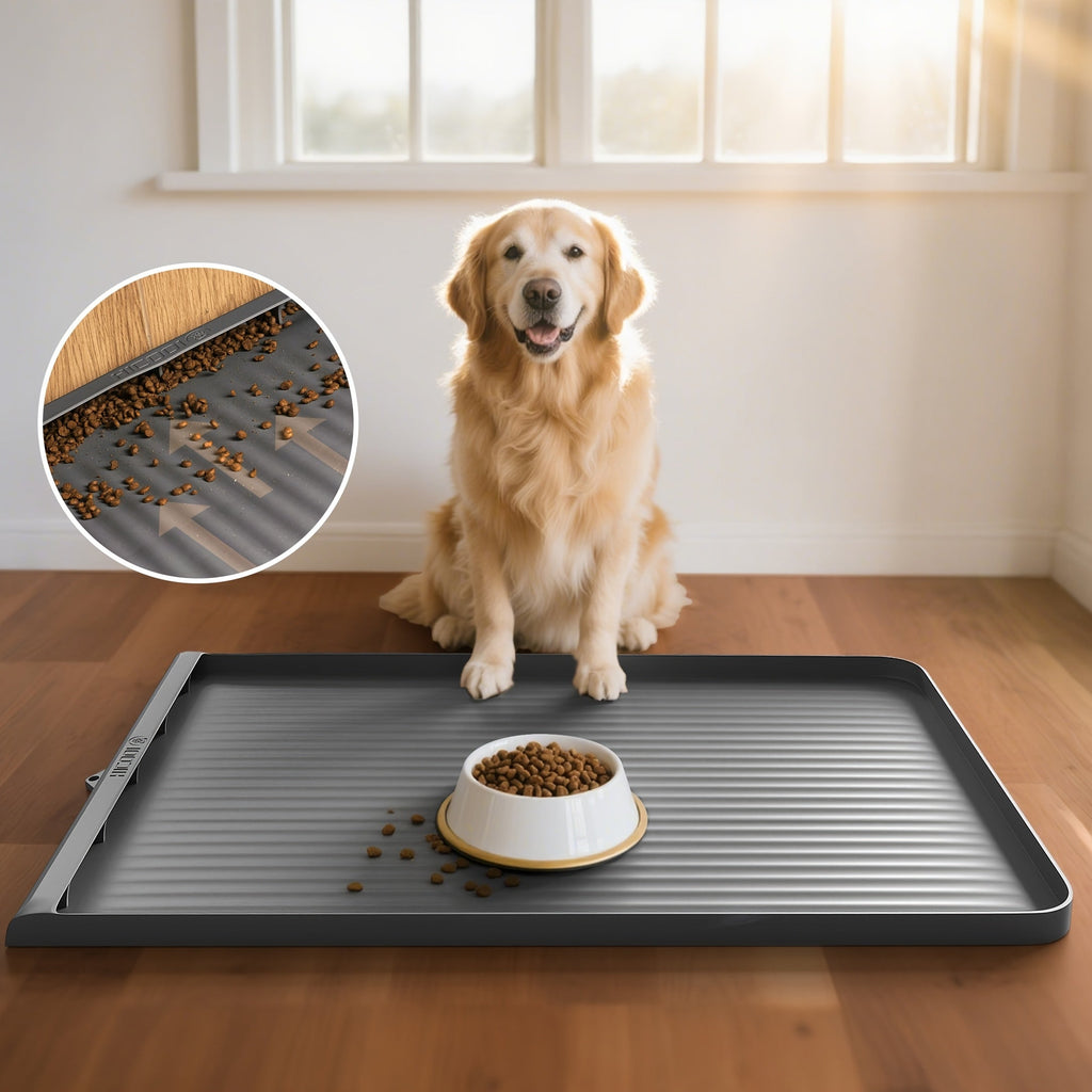 36"x24" Waterproof Pet Feeding Mat Large Non-Slip Dog & Cat Food Mat – Raised Edges, Diversion Grooves, Easy Clean Bowl Mat for Food & Water, Grey