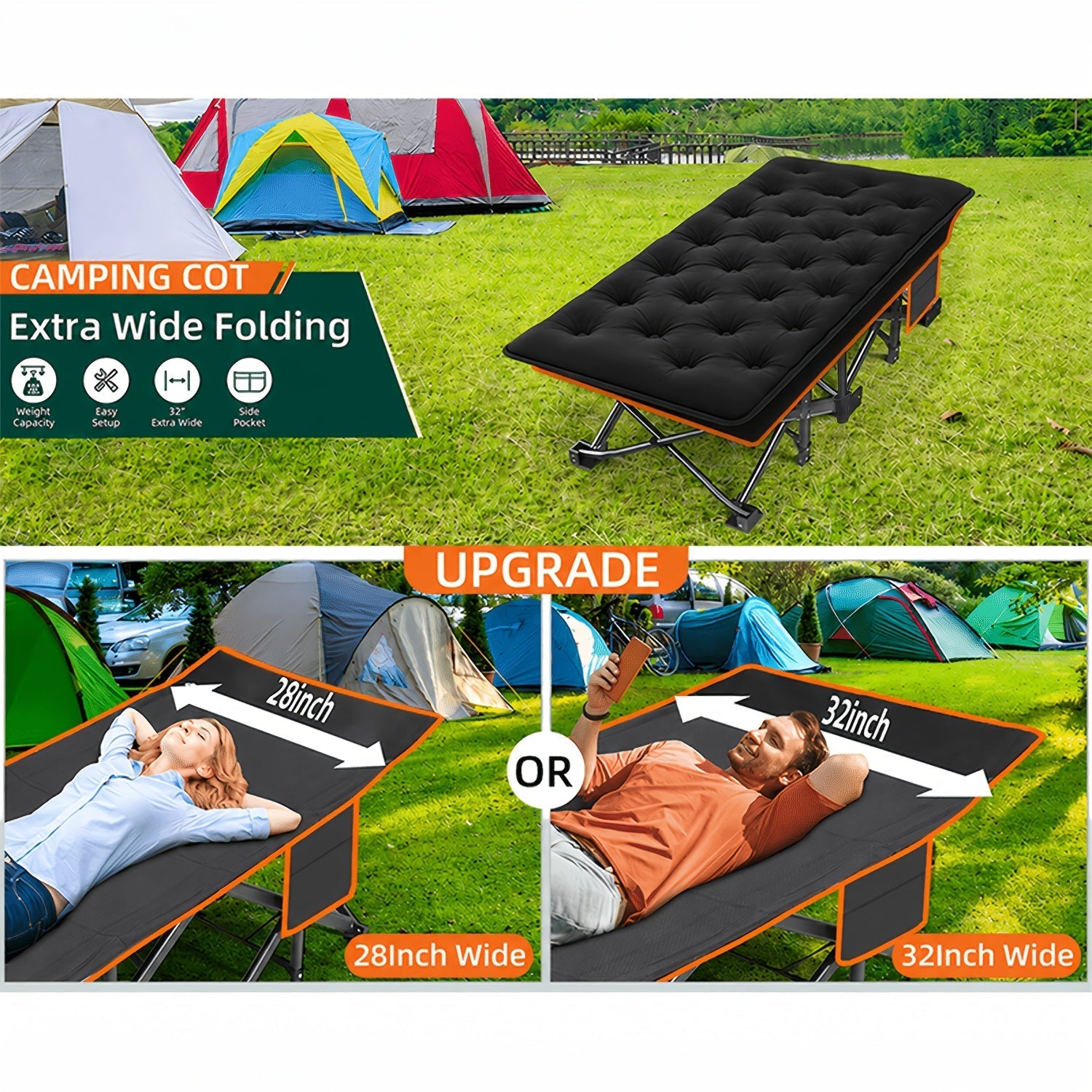 Heavy Duty Folding Bed with Optional Mattress up to 630 LBS – Portable Camping Cot with Multi-Leg Support, Side Pockets & Pillow, 59–77 Inch All Season Guest Napping Bed Space Saving