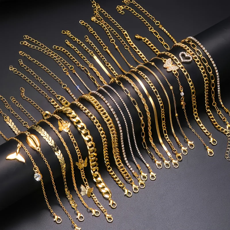 22pcs Rhinestone Butterfly Heart Stacking Anklet Set for Women – Vintage Gold-Tone Boho Layered Ankle Bracelets Twist Chain Charm Anklets for Beach Party Vacation Dating & Gift