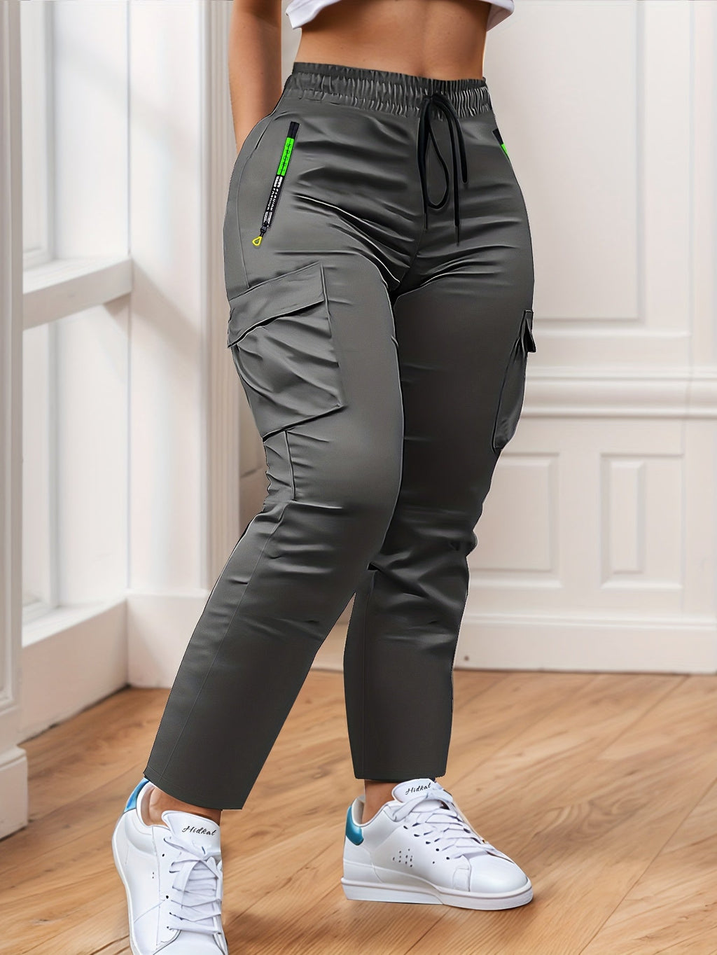 Multi-Pocket Cargo Pants Women Neon Green Zipper Accents Drawstring Waist Full-Length Outdoor Travel Trousers 4 Colors XS-XXL Streetwear