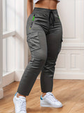 Multi-Pocket Cargo Pants Women Neon Green Zipper Accents Drawstring Waist Full-Length Outdoor Travel Trousers 4 Colors XS-XXL Streetwear