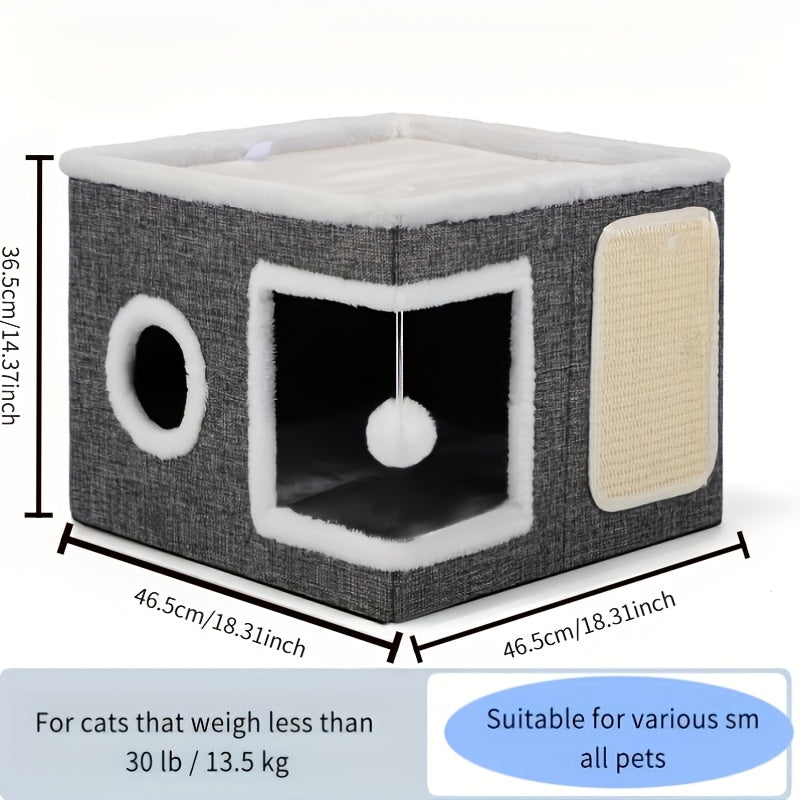 Foldable Multi-Layer Cat House with 2-Tier Bed Toy Tunnel Scratching Post Plush Hanging Ball Cozy Mat Indoor Cat Cube Enclosure Nylon Frame Canvas All-Season Cat Furniture for Indoor Cats