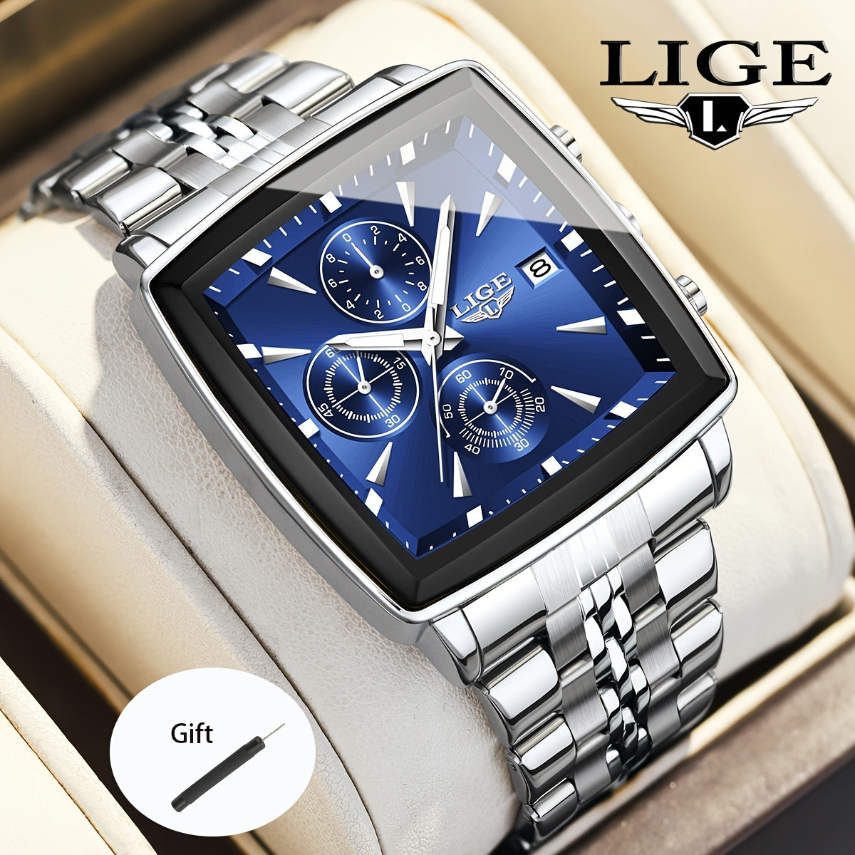 LIGE Men's Square Quartz Watch Stainless Steel Strap Calendar Display – Preppy Sport Fashion Wristwatch 8 Colors Rose Gold Black Blue, Birthday Graduation Gift for Men Teens