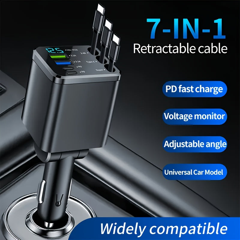 7 in 1 Car Fast Charger with 3 Retractable Cables LED Digital Display 180 Degree Adjustable Multi-Port Car Phone Charger for iPhone Android USB-C Samsung Universal 12V 24V