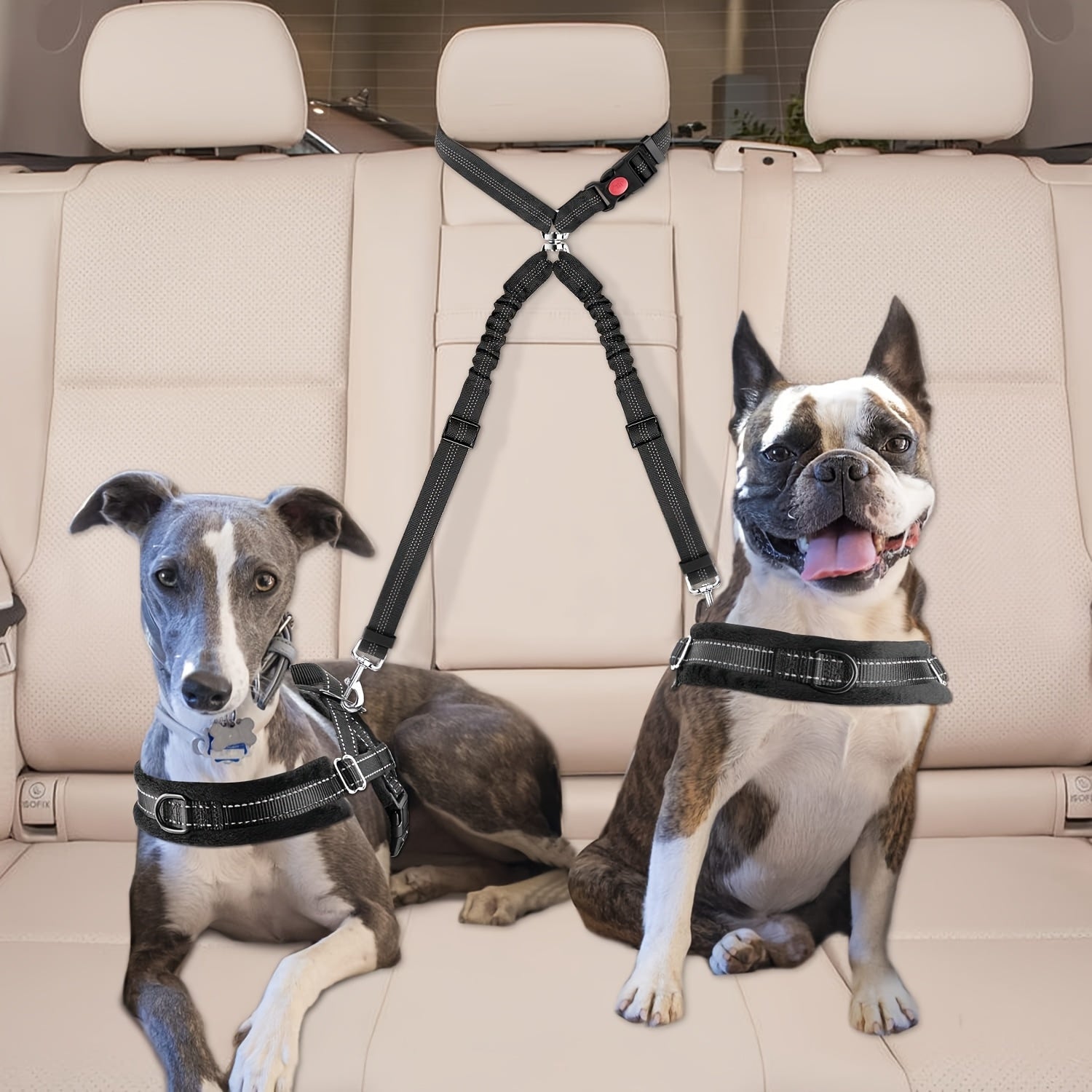 Dual Dog Car Seat Belt 2 Dogs Simultaneously No-Tangle Adjustable Bungee Headrest Clip Pet Safety Harness Small Medium Large Dogs Travel Black Red Rose Red