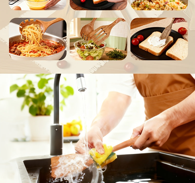 10-Piece Natural Teak Wooden Kitchen Utensils Set - Cooking Spoons, Spatulas & Shovel, Non-Stick Safe, Heat Resistant, Eco-Friendly Wood Cookware Tools for Home Kitchen