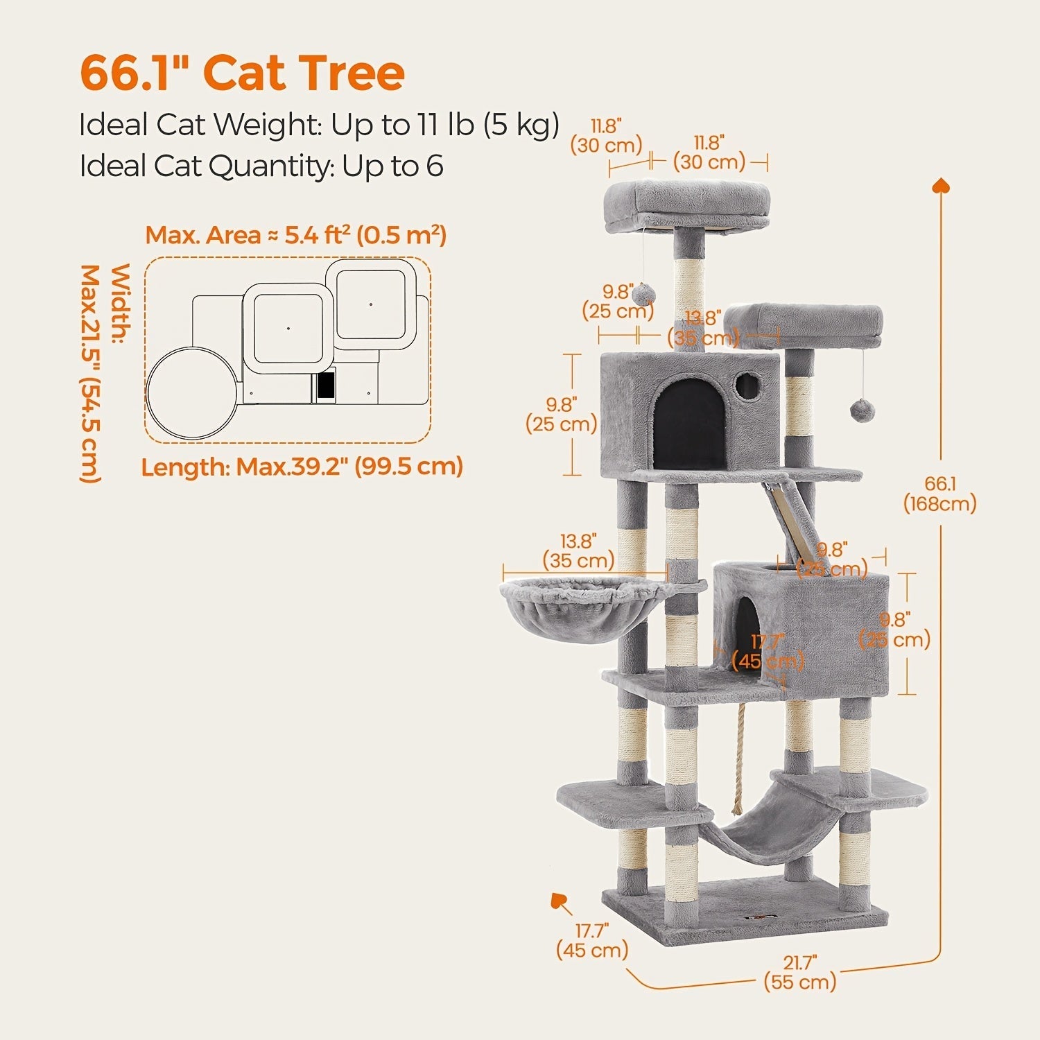 Cat Tree Tower 44 or 66 Inch Multi-Level Hammock Cozy Cave 4 Sisal Posts 2 Perches Anti-Tilt 10-Min Assembly Indoor Cats Kittens Multi-Cat Dark Gray Light Gray White Beige