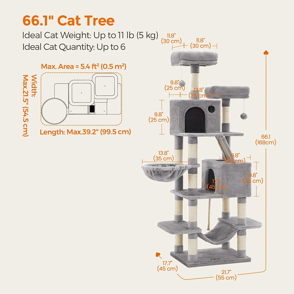 Cat Tree Tower 44 or 66 Inch Multi-Level Hammock Cozy Cave 4 Sisal Posts 2 Perches Anti-Tilt 10-Min Assembly Indoor Cats Kittens Multi-Cat Dark Gray Light Gray White Beige