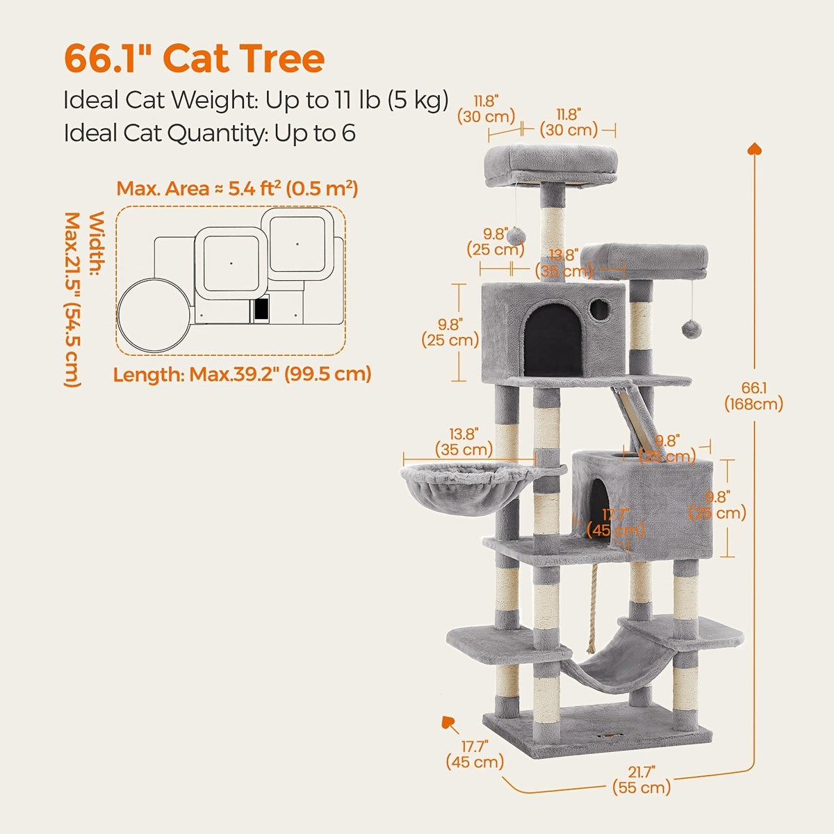 Cat Tree Tower 44 or 66 Inch Multi-Level Hammock Cozy Cave 4 Sisal Posts 2 Perches Anti-Tilt 10-Min Assembly Indoor Cats Kittens Multi-Cat Dark Gray Light Gray White Beige