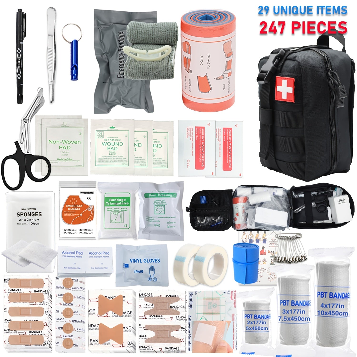 247pcs IFAK Trauma First Aid Kit with C-A-T Tourniquet Heavy Duty MOLLE Bag Bleeding Control Wound Care Splinting Airway Management for EMT Military Camping Travel Home FSA HSA Eligible