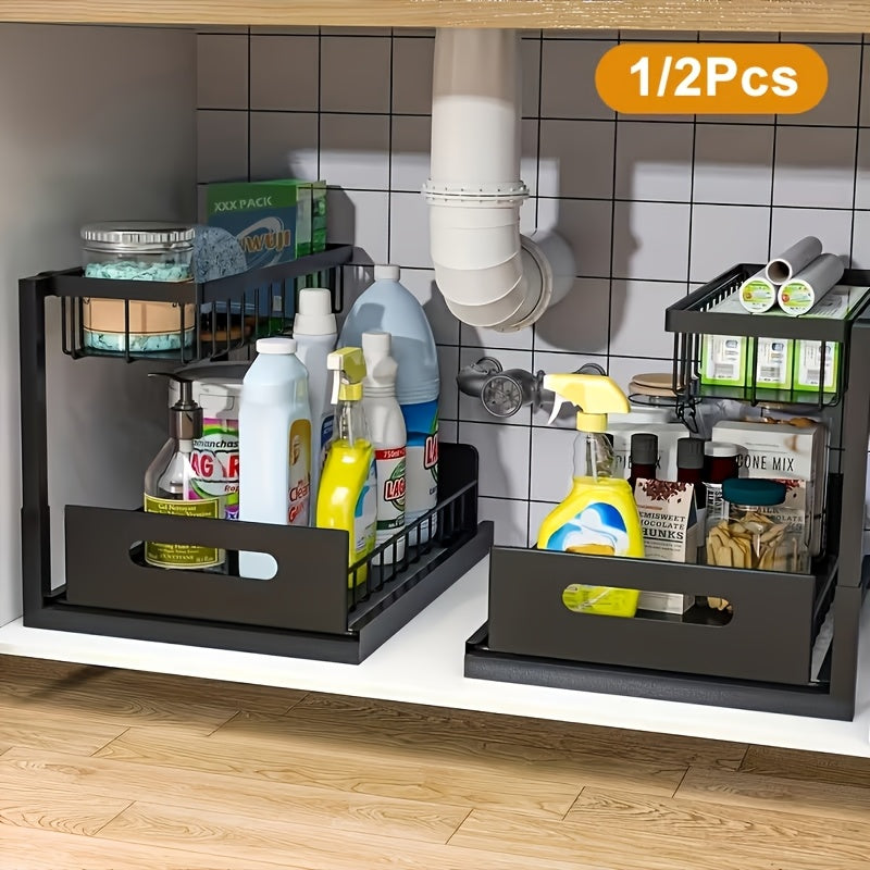 Pull Out Under Sink Organizer 2-Tier Slide-Out Cabinet Shelf, Kitchen Bathroom Utility Rack Storage Shelves, Sliding Cabinet Organizer for Under Sink Kitchen Bathroom Pantry – 1 or 2 Pack Options