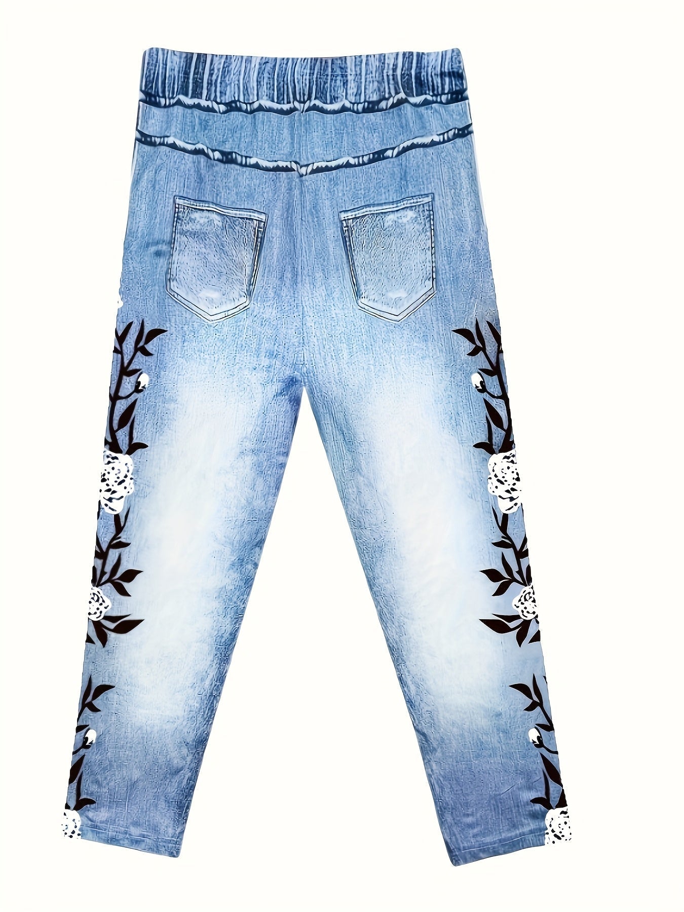 Floral Print Denim-Look High-Waisted Capri Leggings Women Stretch Polyester Elastic Waist Imitation Denim Blue Jeans Style Four-Season S-XXL