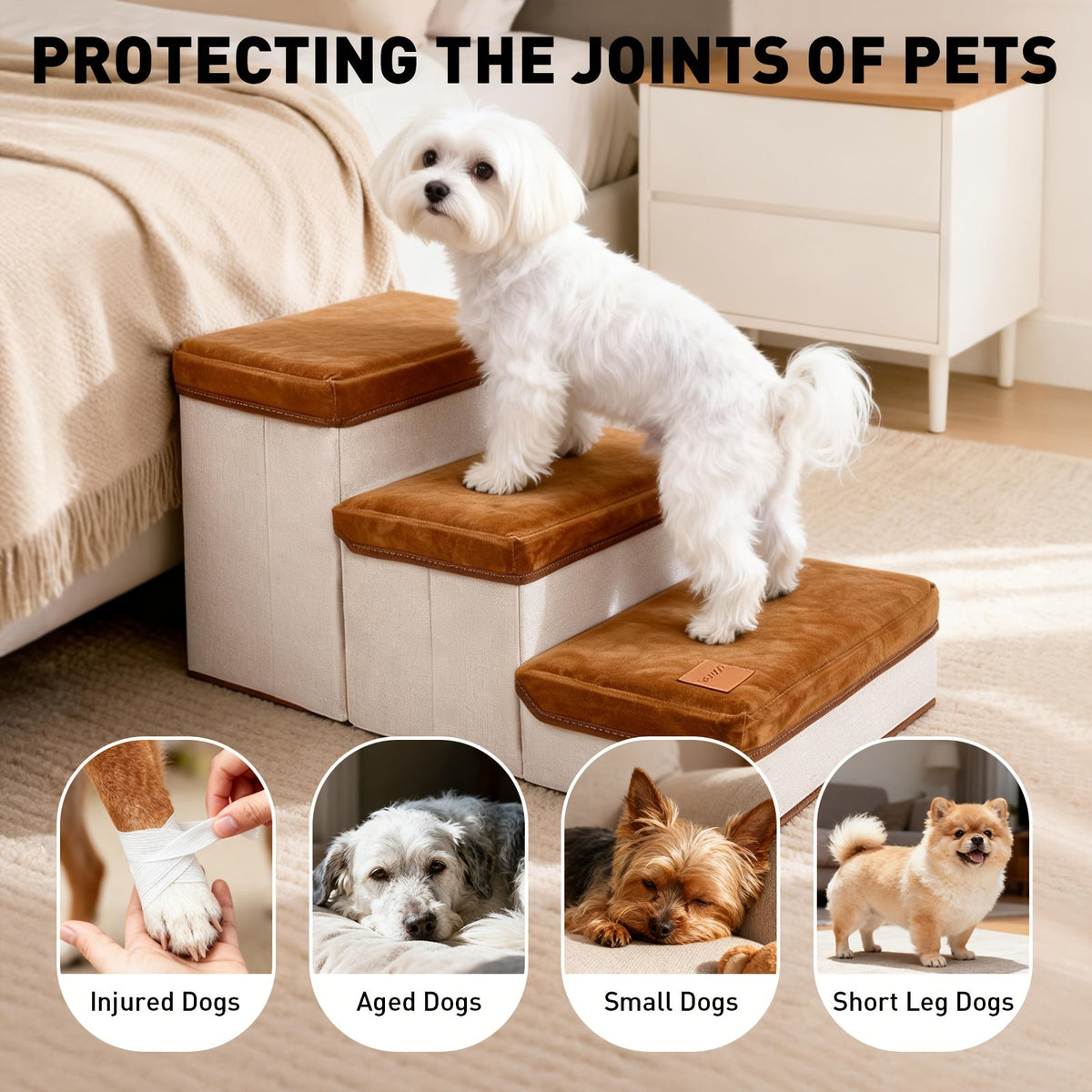 3-Tier Foldable Dog Stairs for Small Dogs Non-Slip Nylon Pet Ramp for High Beds Sofas Compact Foldable Brown White Includes Bonus Plush Toy
