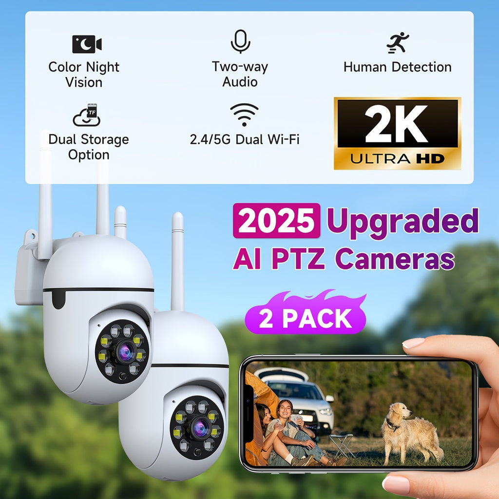 2-Pack 2K QHD WiFi Security Camera PTZ 355° Pan – Dual-Band 2.4G/5G AI Motion Detection & Tracking Color Night Vision Two-Way Audio Cloud & SD Storage Baby Pet Monitor Indoor Home Surveillance