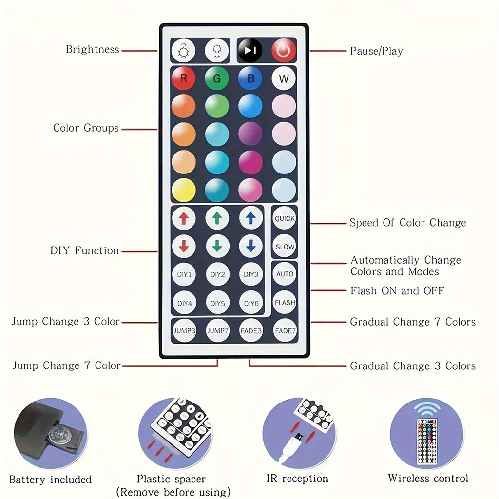 100ft LED Strip Lights Color Changing RGB with 44-Key Remote & Power Supply – 30M Flexible Indoor LED Light Strip for Bedroom Living Room Festival Wedding Carnival Party Decoration Ambiance